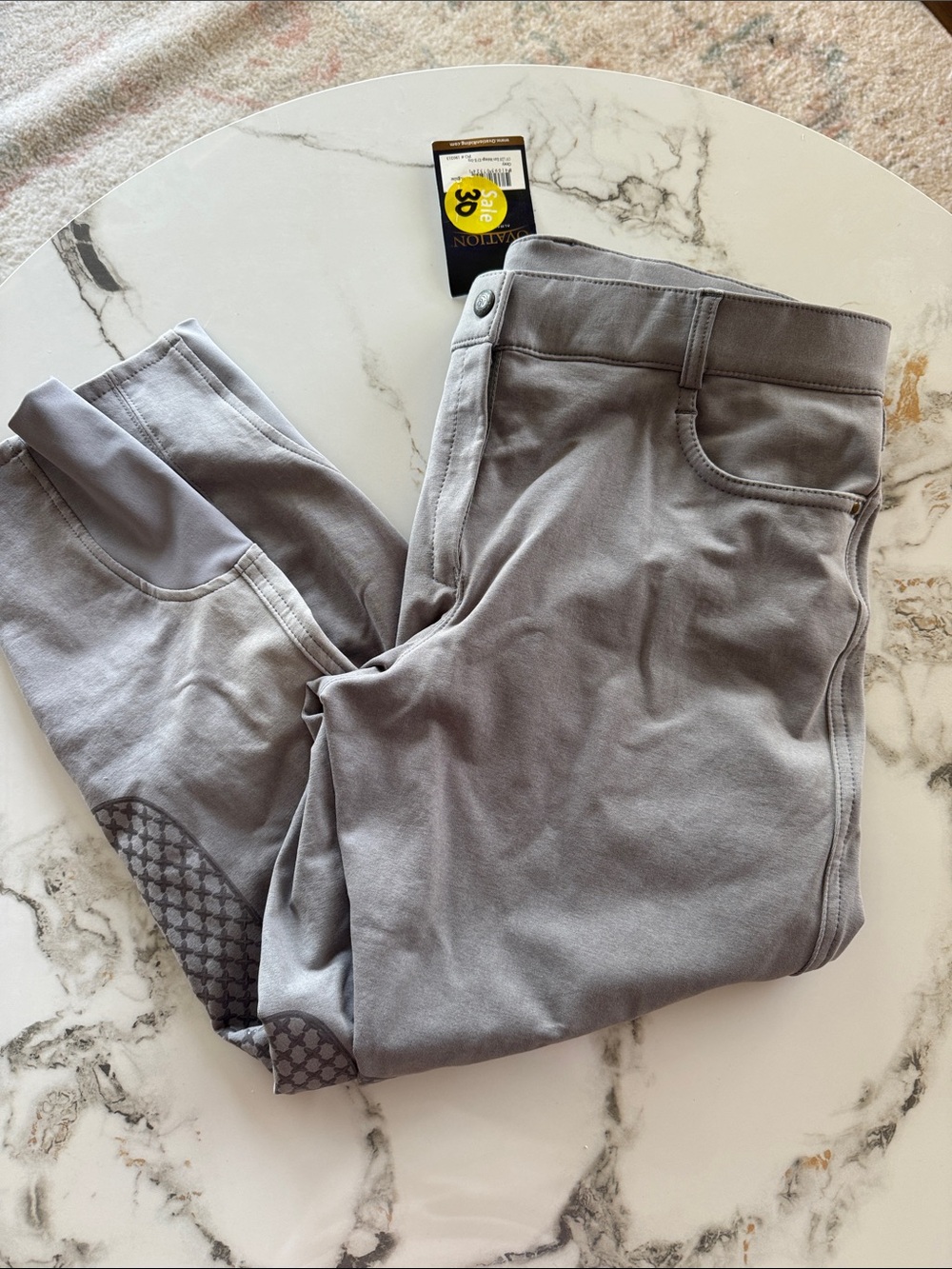 Ovation Gray Equestrian Breeches with Knee Patches, 34 R NWT